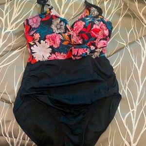 Black and floral one piece bathing suit
